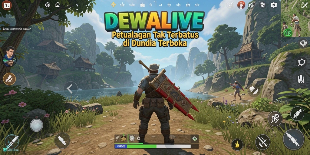 Tangkapan layar utama DEWALIVE menunjukkan petualangan epik di dunia terbuka.