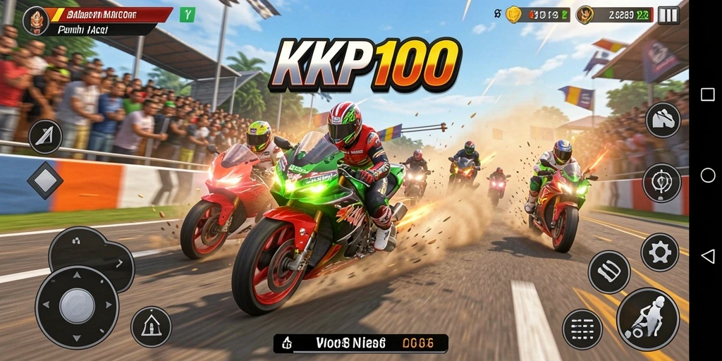 Screenshot menampilkan balapan seru di KPK100 dengan motor yang melaju kencang.