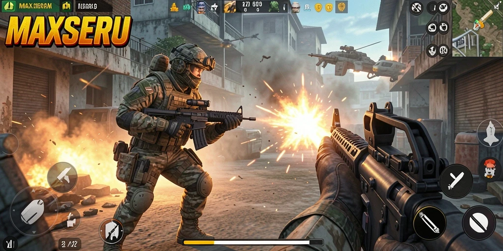 Tampilan screenshot gameplay seru dari MAXSERU dengan aksi tembak-menembak.